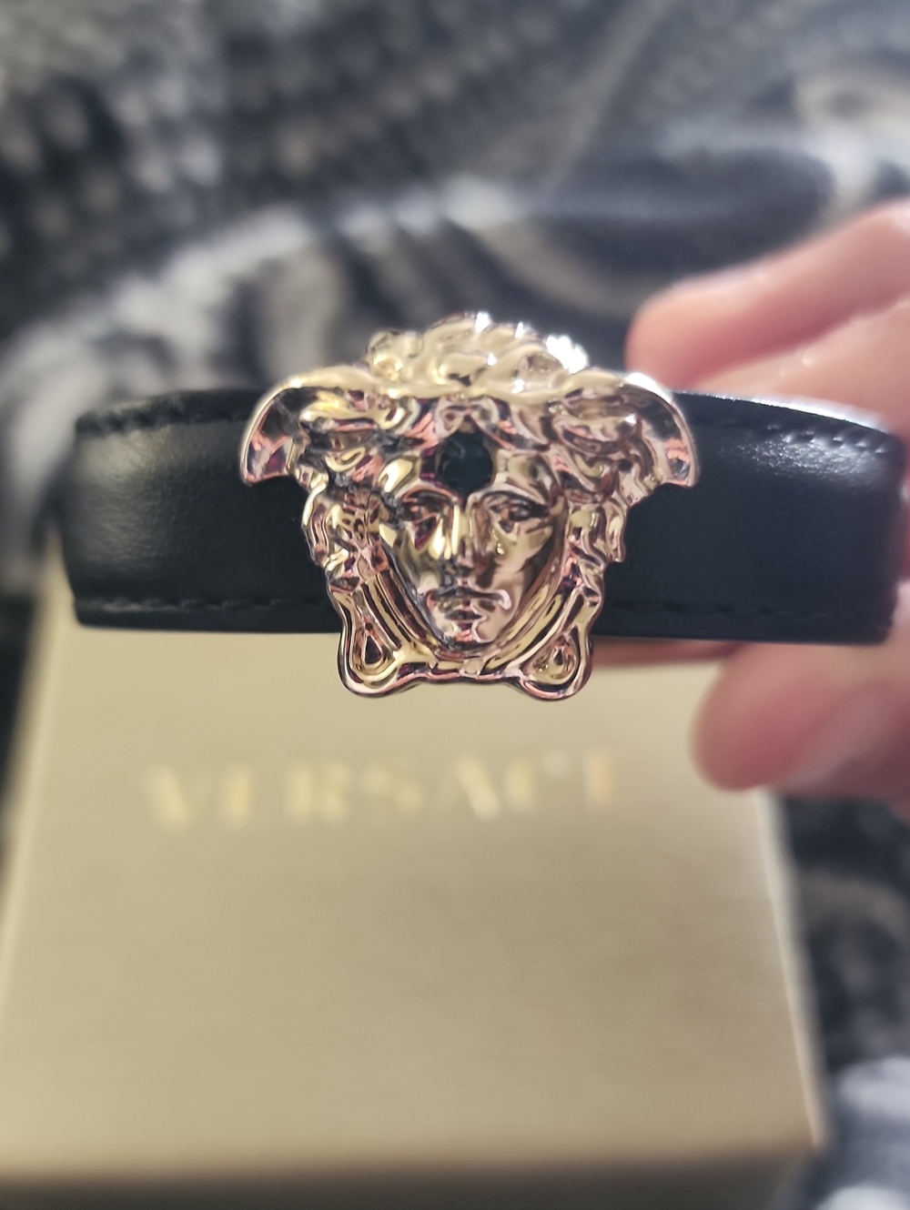 Versace Medusa Head Black Leather And Gold  Bracelet